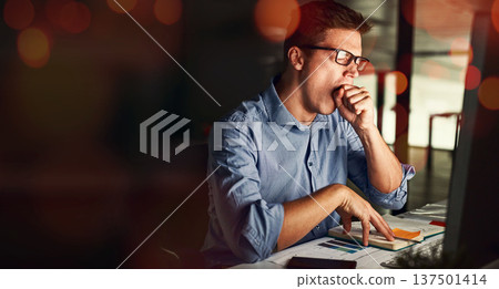 Business man, yawn and tired in night, desk or bokeh with burnout, stress and deadline in modern office. Accountant, audit and fatigue with documents, notebook or chart for analysis in dark workplace Business man, yawn and tired in night, desk or bokeh with burnout, stress and deadline in modern office. Accountant, audit and fatigue with documents, notebook or chart for analysis in dark workplace 137501414