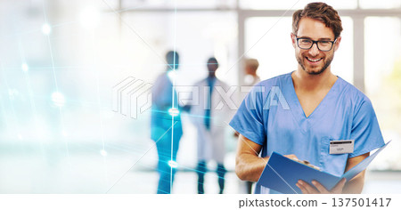Doctor, man and hologram, health insurance and innovation in portrait with paperwork and overlay. Digital transformation, folder and healthcare with medical research, mockup space and future 137501417