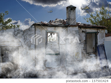 War, damage and attack with house and smoke from danger, chaos fire and devastation. Helicopter, crisis and abandoned with broken building structure for grunge, construction and military disaster War, damage and attack with house and smoke from danger, chaos fire and devastation. Helicopter, crisis and abandoned with broken building structure for grunge, construction and military disaster 137501424