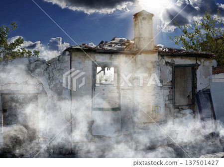 Disaster, damage and accident with house and smoke from danger, chaos fire and devastation. War, crisis and abandoned with broken building structure for grunge, construction and military attack Disaster, damage and accident with house and smoke from danger, chaos fire and devastation. War, crisis and abandoned with broken building structure for grunge, construction and military attack 137501427
