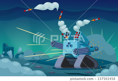 Transformer battle. Future warrior, android shoots multiple bullets. Futuristic technologies war scene, destruction and smoke. Cyborg army character sapid vector scene 137501458
