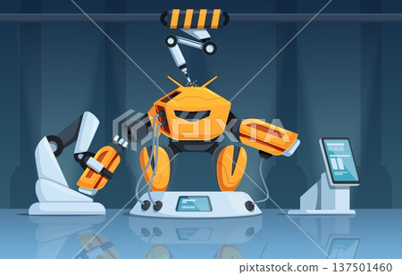 Transforming robot in lab. Futuristic robotics, android robot research, recharging or reprogramming. Future technologies, engineering sapid vector scene 137501460