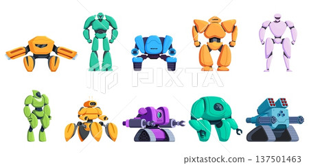 Cartoon transformers. Futuristic cyborgs, various android transformer character. Creative soldier from future in neo armor, ai electronic warriors sapid vector set 137501463