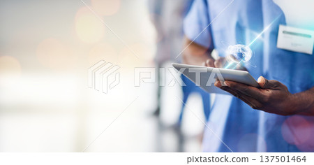 Hands, doctor and tablet with world hologram, healthcare and person with tech innovation for digital transformation. Medical research, overlay and mockup space, hospital and global futuristic health 137501464