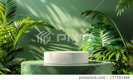 A white circular podium stands amidst vibrant green tropical plants, bathed in soft morning sunlight in a serene indoor space. 137501466