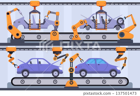 Assemble car on conveyor belt. Robotic hands and manipulators assembly new auto. Cartoon industrial working process, manufacturing sapid vector scene 137501473