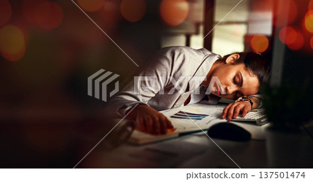 Business woman, sleep and desk in night, tired and bokeh with burnout, stress and deadline in modern office. Accountant, audit and fatigue at desk for proposal, project or rest in dark workplace 137501474