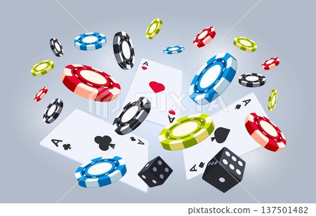 Casino games. Flying playing chips, dices and cards. Gambling, online app for smartphones concept. Poker, roulette games, winner and lucky, sapid vector template Casino games. Flying playing chips, dices and cards. Gambling, online app for smartphones concept. Poker, roulette games, winner and lucky, sapid vector template 137501482