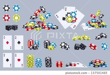 Casino dice cards chips. Playing card and chip in fly. Poker, roulette accessories, gambling game coins various rotates and angles, sapid vector set Casino dice cards chips. Playing card and chip in fly. Poker, roulette accessories, gambling game coins various rotates and angles, sapid vector set 137501485