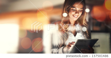 Mockup space, tablet and business woman at night online for planning, social networking and internet. Working late, banner and happy person on digital tech for research, website and email in office Mockup space, tablet and business woman at night online for planning, social networking and internet. Working late, banner and happy person on digital tech for research, website and email in office 137501486
