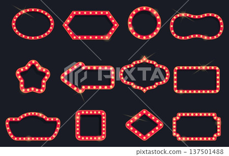 Cartoon bulb frames. Blank lamp signs for circus, theater, cinema. Retro style signboards with lamps. Shining festival fair banners, sapid vector set 137501488