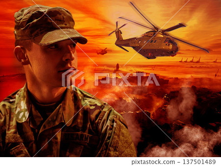 Explosion, military and soldier with helicopter and fire in warzone for service, defence and battle in camouflage. Apocalypse, conflict and face of person in army uniform for fight and action in city 137501489
