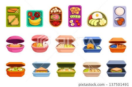 School meals. Cartoon trays from cafeteria with different dishes. Office food in plastic boxes. Sandwiches, fruits, sweets, salads and rice with chicken, sapid vector set School meals. Cartoon trays from cafeteria with different dishes. Office food in plastic boxes. Sandwiches, fruits, sweets, salads and rice with chicken, sapid vector set 137501491