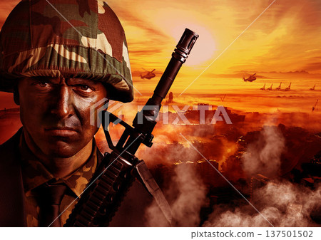 Explosion, military and portrait of soldier with fire in warzone for service, army duty and battle in camouflage. Mockup, conflict and face of man with helicopter for armed forces, defense or warfare 137501502