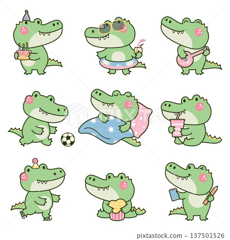 Kawaii crocodile. Cute crocodiles various poses. Wild animal play ball, music, sleeping, stand with birthday cake. Children mascots, funny stickers nowaday vector design Kawaii crocodile. Cute crocodiles various poses. Wild animal play ball, music, sleeping, stand with birthday cake. Children mascots, funny stickers nowaday vector design 137501526