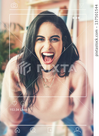 Excited scream, woman portrait and social media app overlay of influencer face and photography for website. Frame, internet and graphic with home page of profile and software with screen display Excited scream, woman portrait and social media app overlay of influencer face and photography for website. Frame, internet and graphic with home page of profile and software with screen display 137501544