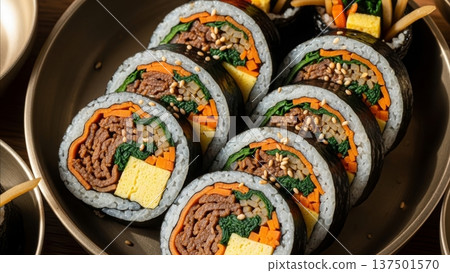 Korean kimbap rolls with beef bulgogi spinach carrots and egg in bamboo steamer traditional asian food preparation 137501570