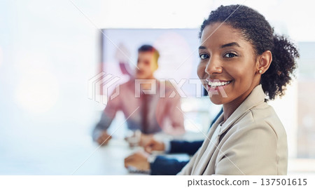 Portrait, business or black woman with a smile, banner or professional with confidence, success or meeting. Face, African person or employee in a workplace, overlay or company development with mockup Portrait, business or black woman with a smile, banner or professional with confidence, success or meeting. Face, African person or employee in a workplace, overlay or company development with mockup 137501615