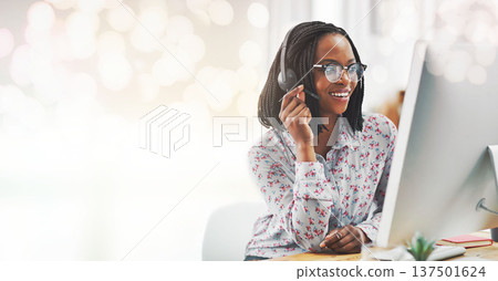 Business, telemarketing and black woman with a computer, mockup or call center with help desk, connection or crm. African person, employee or sales agent with a pc, bokeh or tech support in an office 137501624