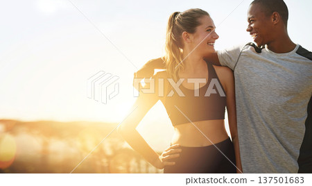 Couple, fitness and banner with sun, hug and happiness outdoor, mockup space and wellness. Love, care and trust, interracial exercise friends and lens flare, smile with workout together and healthy 137501683