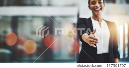 Business woman, handshake offer and job interview in Human Resources meeting, welcome or thank you POV. Professional or HR worker shaking hands in recruitment, hiring or introduction on banner mockup 137501707