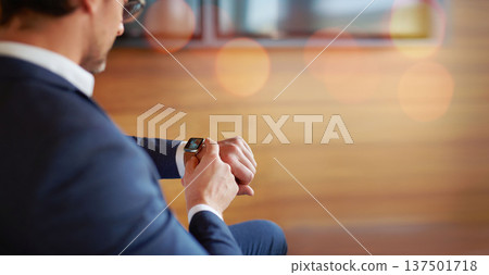 Business, watch and man check time, office and mockup with career, schedule and corporate professional. Person, employee or worker with appointment, notification or network with technology or waiting 137501718