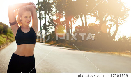 Fitness, runner or happy woman stretching arms on road in running exercise, workout or training. Smile, athlete breathing or tired person streaming music or podcast to rest or relax on warm up break Fitness, runner or happy woman stretching arms on road in running exercise, workout or training. Smile, athlete breathing or tired person streaming music or podcast to rest or relax on warm up break 137501729