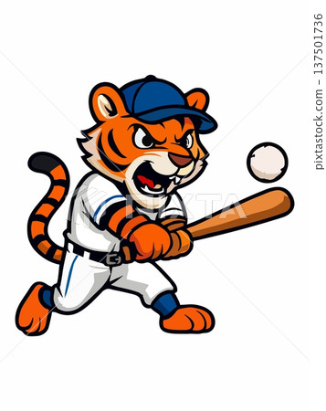 Baseball Tiger Mascot Poses Ready to Hit the Ball 137501736