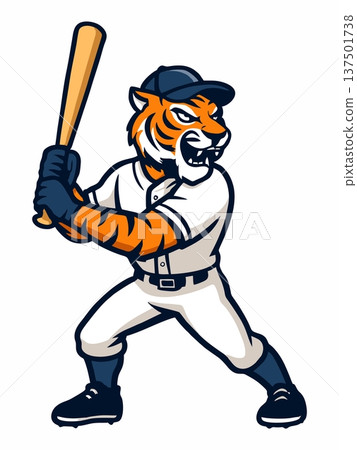 Baseball Tiger Mascot Poses Ready to Hit the Ball Baseball Tiger Mascot Poses Ready to Hit the Ball 137501738