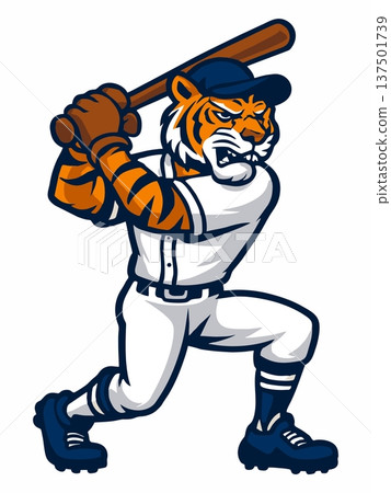 Baseball Tiger Mascot Poses Ready to Hit the Ball Baseball Tiger Mascot Poses Ready to Hit the Ball 137501739
