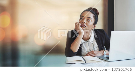 Laptop, notebook and a bored business woman in her office thinking or problem solving on banner space. Computer, research and idea with a young employee looking for inspiration in the workplace Laptop, notebook and a bored business woman in her office thinking or problem solving on banner space. Computer, research and idea with a young employee looking for inspiration in the workplace 137501766