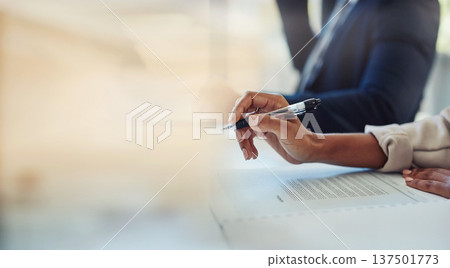 Business woman, hands and pen for planning employee schedule, administration and company agenda in office. Corporate, writing and entrepreneur with project planner, checklist and job report for work 137501773
