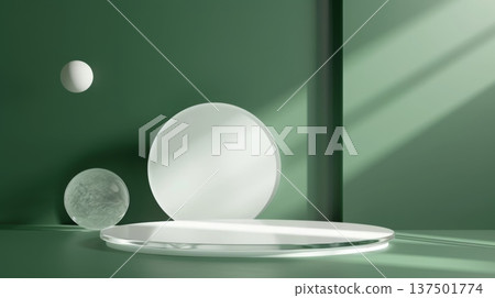 Abstract arrangement of white circular objects on a green surface with light and shadow play, creating a minimalist, modern aesthetic. 137501774