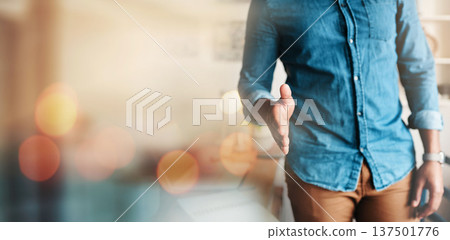 Business person, handshake offer and opportunity for marketing onboarding, startup and graphic designer deal. Creative shaking hands in interview, agreement or thank you for partnership POV on mockup 137501776