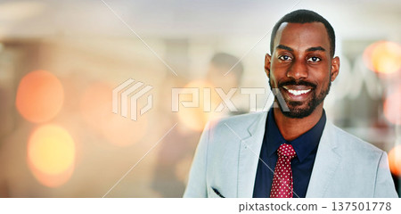 Portrait of lawyer, business and black man in office, company or workplace bokeh. Face, attorney and happy African professional employee, worker or legal advocate smile in suit for career in law firm 137501778
