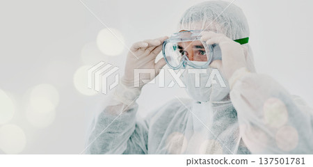 PPE, person goggles and safety suit of lab worker and healthcare professional in hospital or clinic. Cleaning, bacteria protection and face mask with virus, pharmacy and wellness research with bokeh PPE, person goggles and safety suit of lab worker and healthcare professional in hospital or clinic. Cleaning, bacteria protection and face mask with virus, pharmacy and wellness research with bokeh 137501781
