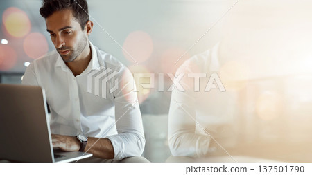 Laptop, research and businessman in office with mockup space and bokeh banner for advertising. Technology, working and professional male designer on computer in workplace with mock up for marketing. 137501790