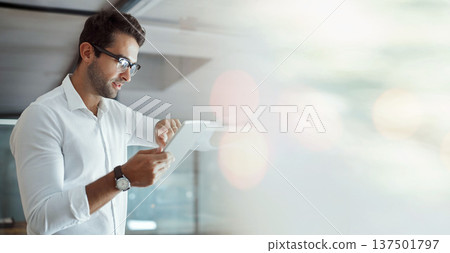 Mockup, tablet and scroll, man in office on banner and business communication for b2b trading. Networking, online research and happy businessman with digital app, website and web space in workplace. Mockup, tablet and scroll, man in office on banner and business communication for b2b trading. Networking, online research and happy businessman with digital app, website and web space in workplace. 137501797