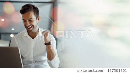 Mockup, laptop or happy man trading with success, goals or sales target in online achievement in office. Proud investor, wow or excited trader in celebration of winning on stock market bonus victory Mockup, laptop or happy man trading with success, goals or sales target in online achievement in office. Proud investor, wow or excited trader in celebration of winning on stock market bonus victory 137501801