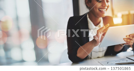 Tablet, flare and smile with a business woman in the office for research or a report on double exposure mockup. Technology, app and planning with a happy young employee employee in the workplace 137501865