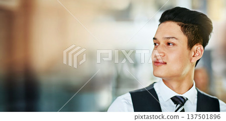 Businessman, thinking and face of man in office with confidence and positive attitude for startup. Employee, professional and young entrepreneur smile and dreaming of company success or idea at work Businessman, thinking and face of man in office with confidence and positive attitude for startup. Employee, professional and young entrepreneur smile and dreaming of company success or idea at work 137501896
