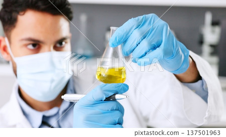 Chemical liquid, beaker or scientist in a lab for chemistry results, healthcare research or scientific test. Man, mask or medical doctor with acid solution for medicine development, biology or drugs Chemical liquid, beaker or scientist in a lab for chemistry results, healthcare research or scientific test. Man, mask or medical doctor with acid solution for medicine development, biology or drugs 137501963