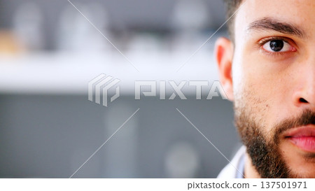Mockup, space or portrait of a man doctor or nurse with confidence standing in a laboratory clinic. Scientist, bokeh or serious face of professional male healthcare worker, medical expert or surgeon 137501971
