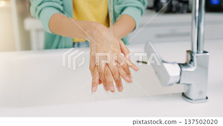 Washing hands, woman cleanse and kitchen sink of a female with soap for cleaning and wellness. Home, safety and virus protection of a person with healthcare in a house for skincare and grooming Washing hands, woman cleanse and kitchen sink of a female with soap for cleaning and wellness. Home, safety and virus protection of a person with healthcare in a house for skincare and grooming 137502020
