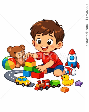 Illustration of Children Playing with Blocks and Educational Toys 137502025