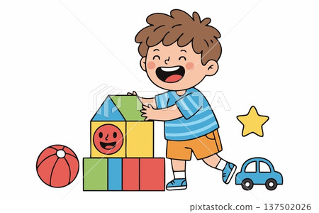 Illustration of Children Playing with Blocks and Educational Toys 137502026