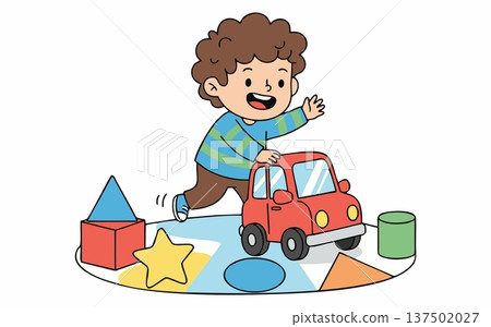 Illustration of Children Playing with Blocks and Educational Toys 137502027
