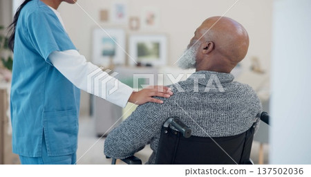 Senior man, wheelchair and support with nurse help and healthcare in retirement home. Caregiver, employee and elderly care with person with disability with patient ready for physiotherapy with man Senior man, wheelchair and support with nurse help and healthcare in retirement home. Caregiver, employee and elderly care with person with disability with patient ready for physiotherapy with man 137502036
