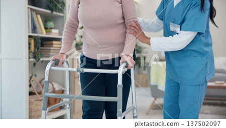 Caregiver, hands or elderly woman walking with walker for support, geriatric senior care or old age movement disability. Retirement nursing home, disabled or closeup nurse helping patient with moving 137502097