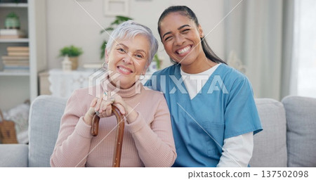 Caregiver portrait, disabled and elderly woman with walking stick for support, help or old age movement disability. Retirement healthcare, nursing home smile or face of relax senior patient with cane 137502098